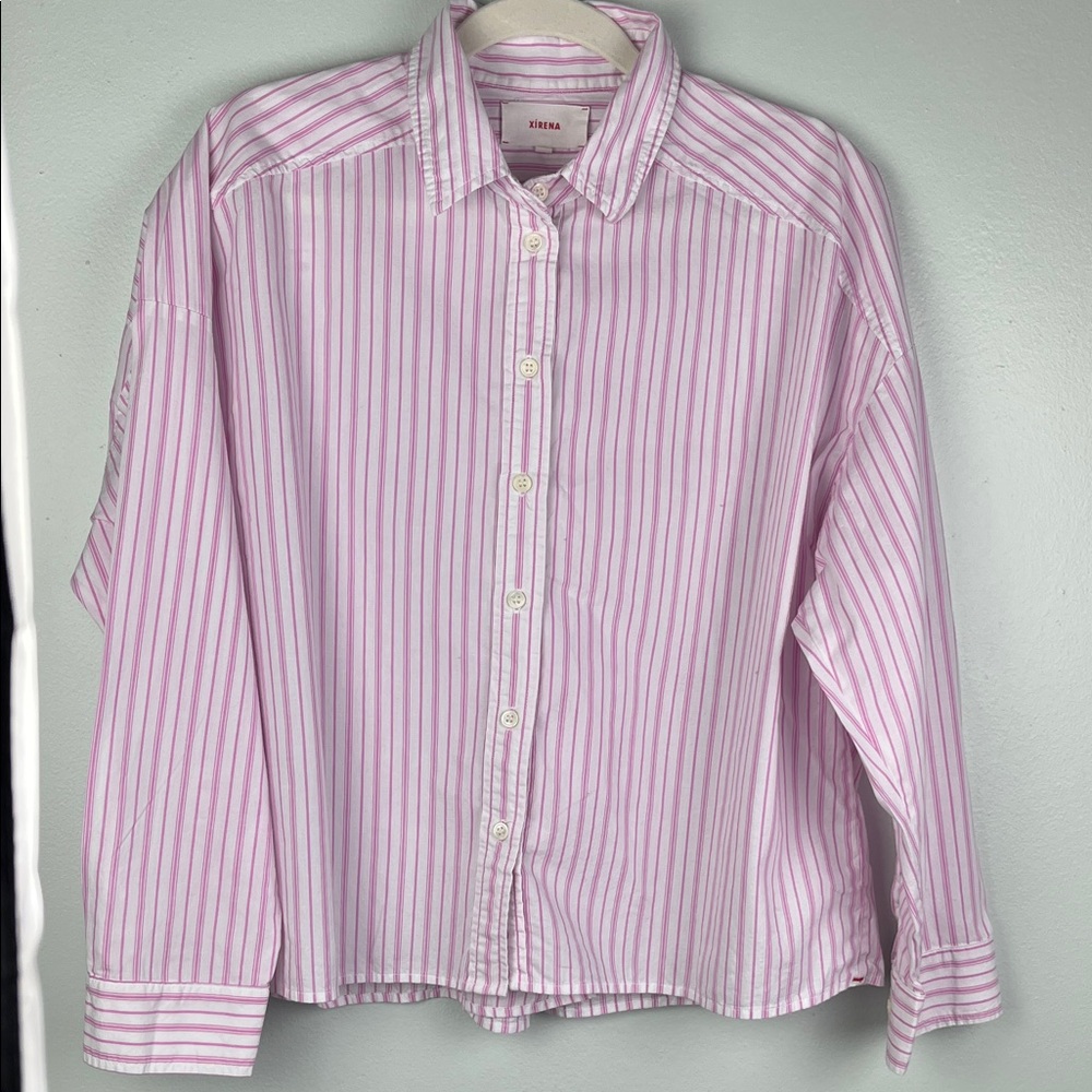 XiRENA Pink & White Striped Casual Button-Down Shirt open back.wide